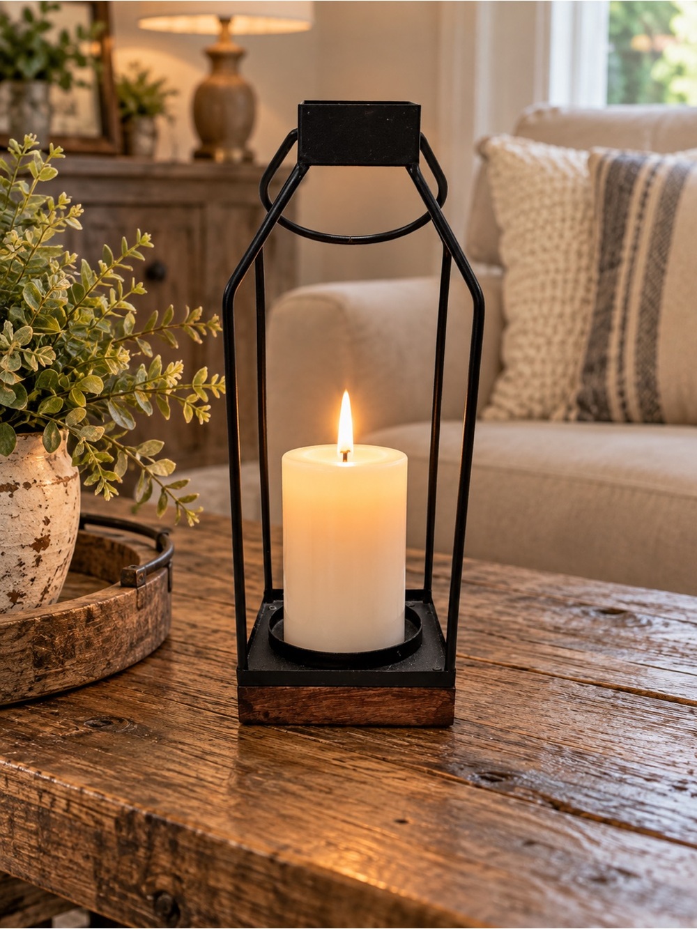 Rustic Black Metal & Wood Candle Lantern (candle not included)
